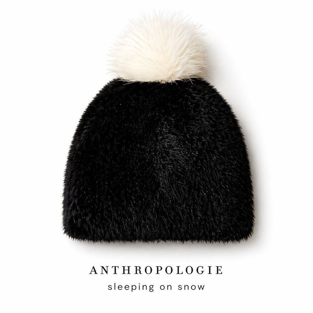 Anthropologie Sleeping on Snow Faux Fur Pom Beanie Black Luxe Winter Hat NWT